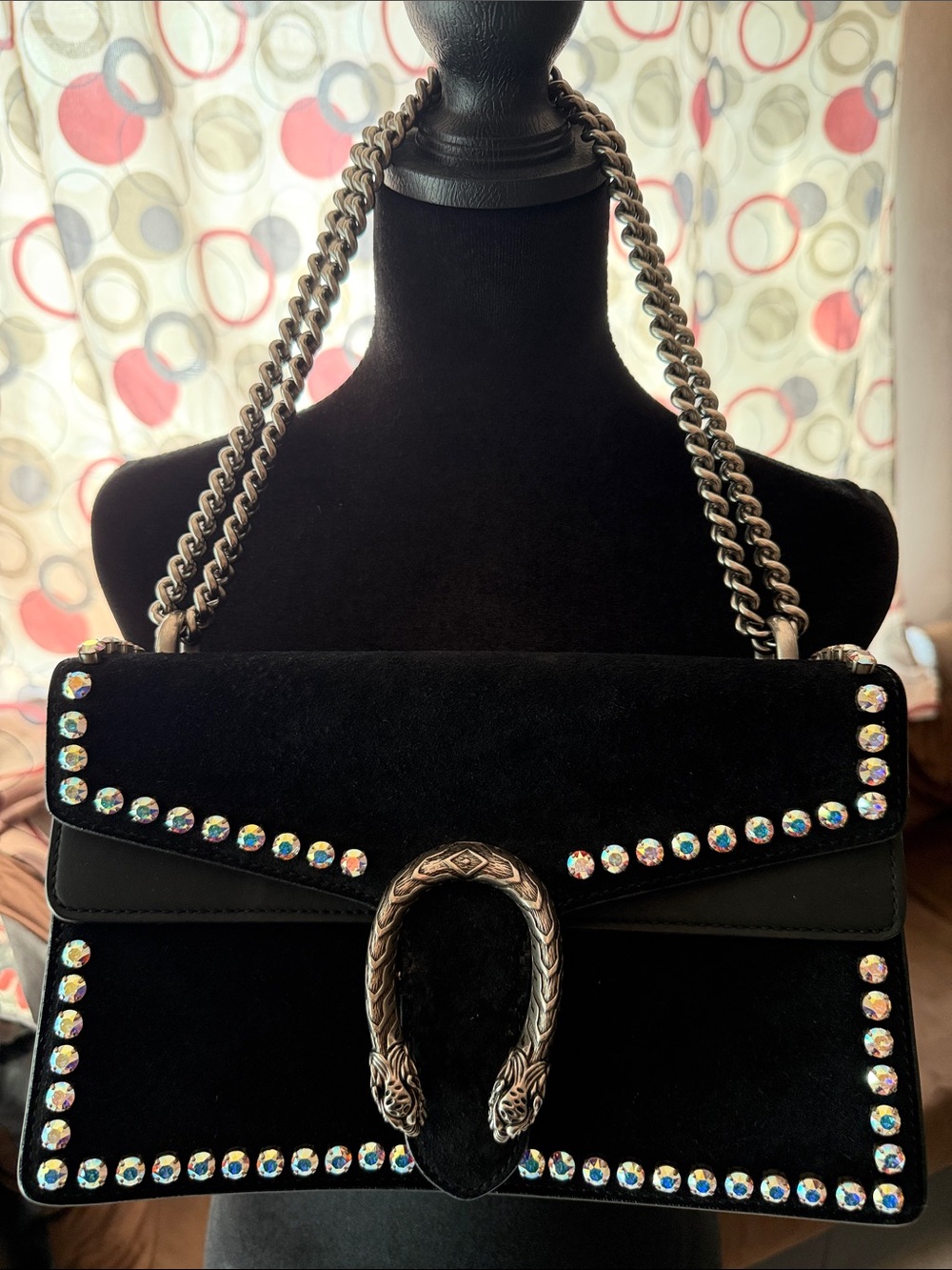 Gucci Black Velvet Shoulder Bag with Crystal Accents and Silver-Tone Chain